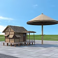 Pergola with Thatched Roof Hut and Umbrella Shaped Canopy on Stone Pavement in Grassland