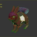 Pink Rabbit Figurine Adorned With Rolled Purple Cloth On Back Green Straps And White Cloth