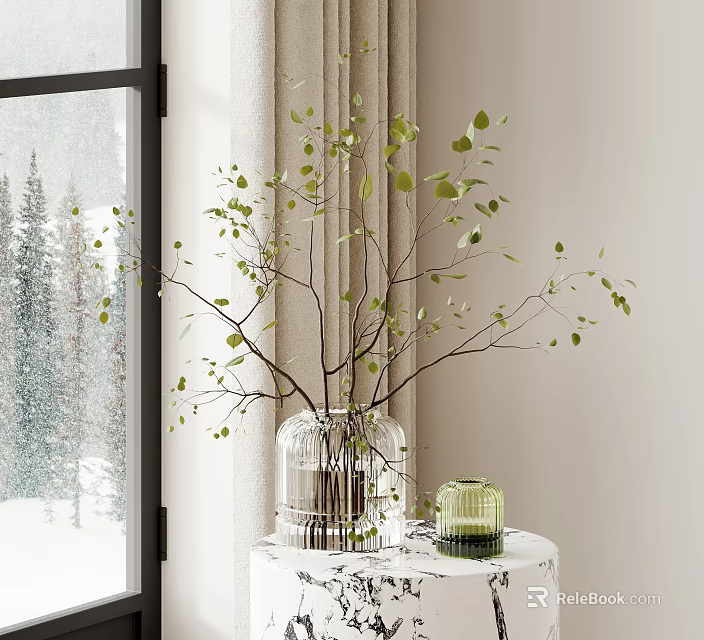 Transparent Glass Vase with Green Leaf Branches on White Round Table by Snowy Window View 3d model 