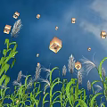 Golden Cubes Floating in Blue Sky with Green Reeds and Plants