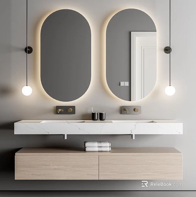 Minimalist Bathroom Vanity With Marble Countertop Round Mirrors And Pendant Lights 3d model 