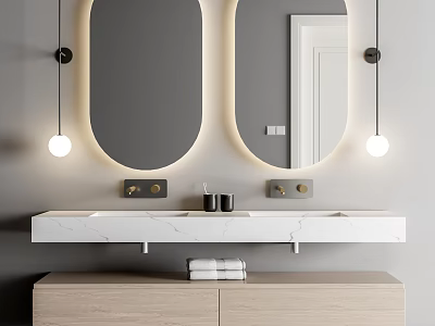Minimalist Bathroom Vanity With Marble Countertop Round Mirrors And Pendant Lights 3d model