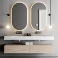 Minimalist Bathroom Vanity With Marble Countertop Round Mirrors And Pendant Lights