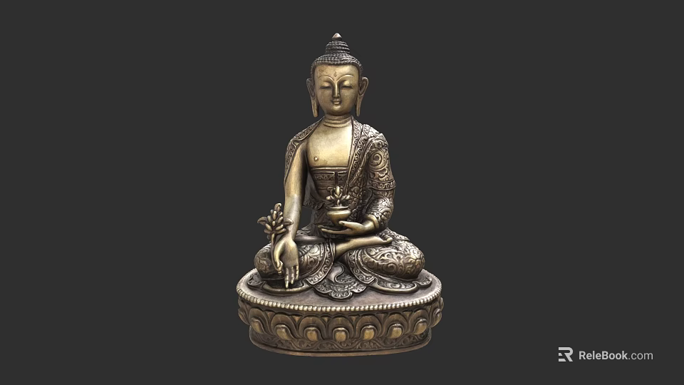 Traditional Sitting Buddha Sculpture Carving With Intricate Patterns And Decorative Base 3d model 