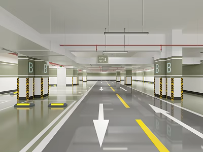 Spacious Bright Underground Garage With B Marked Columns Floor Arrows And Yellow Lines 3d model