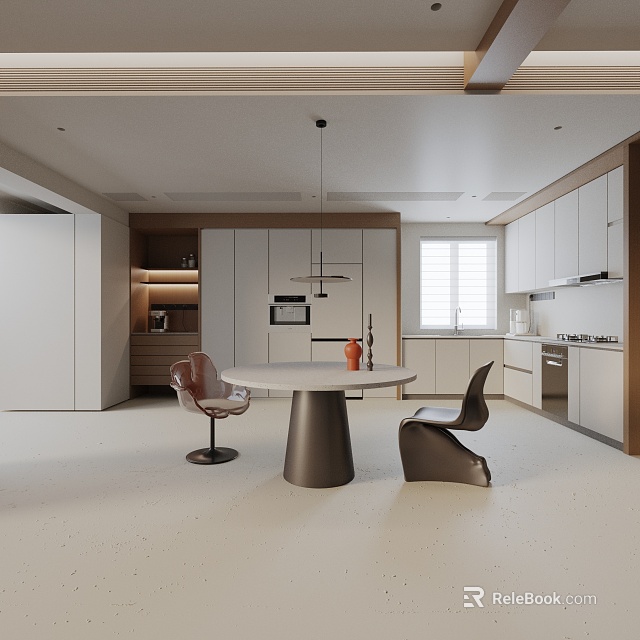 Modern Dining Table Set With Stylish Chairs And White Kitchen Cabinets Interior 3d model 