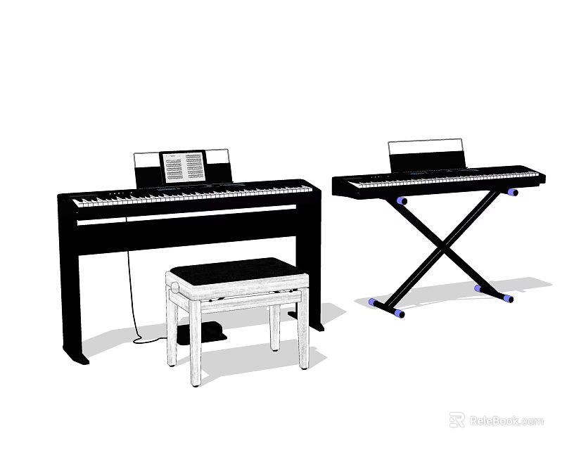 Musical Instruments Acoustic Piano Keyboard with Stool and Music Sheets 3d model