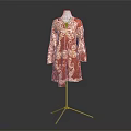 Elegant Rust Colored Long Sleeve Dress With White Intricate Patterns On Mannequin 3d model