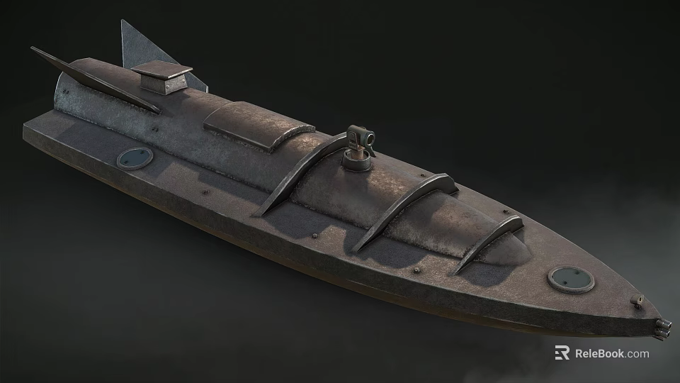 Military Weapon Submarine With Detailed Metallic Vintage Design And Periscope Hatches 3d model 