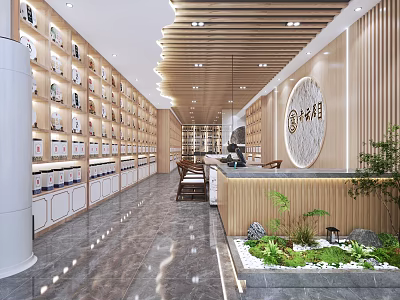 Mutong Specialty Store Interior With Shelves Products Reception Desk Wooden Decor And Green Plants 3d model