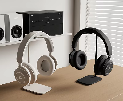 White and Black Headphones on Stands with Speakers in Modern Home Interior 3d model