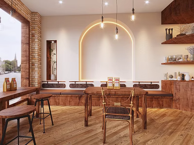 Cozy Wooden Dessert Shop With Arched Lighting And Brick Wall 3d model