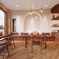 Cozy Wooden Dessert Shop With Arched Lighting And Brick Wall