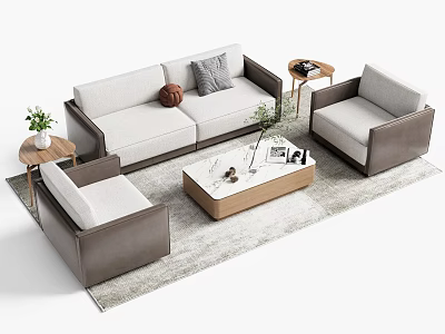 Modern Upholstered Sofa and Wooden Coffee Table Set With Armchairs Side Tables and Potted Plant 3d model