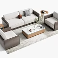 Modern Upholstered Sofa and Wooden Coffee Table Set With Armchairs Side Tables and Potted Plant