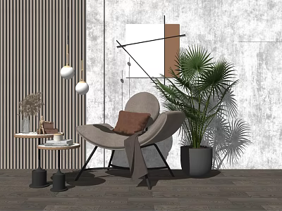 Modern Single Sofa Interior With Geometric Wall Art Palm Plant And Wooden Slats Decor 3d model