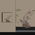 Wooden Sculpture Carving With Branch Like Design And Bamboo In Modern Interior