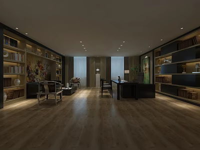 Modern Office Interior Design With Bookshelves Desk Chairs Wooden Flooring And Lighting 3d model