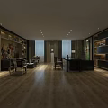 Modern Office Interior Design With Bookshelves Desk Chairs Wooden Flooring And Lighting