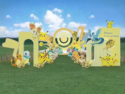 Pokémon Themed Outdoor Garden Landscape With Character Figures And Green Grass 3d model