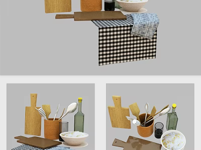 Stylish Kitchen Utensils On Checkered Cloth With Cutting Boards Spoons Bowls And Bottles 3d model