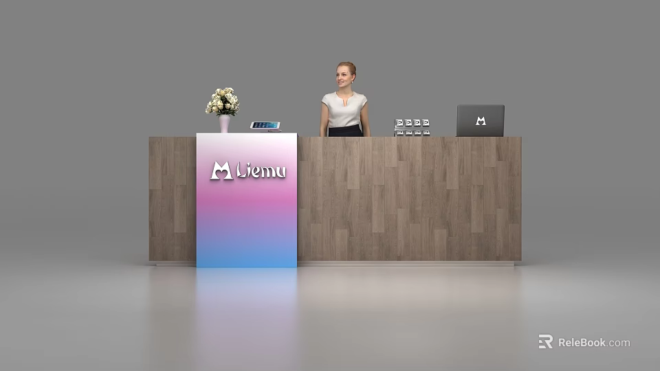 Wooden Reception Desk With Gradient Menu Logo Flower Vase And Laptop For Receptionist 3d model 