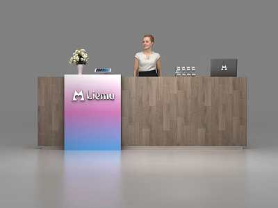 Wooden Reception Desk With Gradient Menu Logo Flower Vase And Laptop For Receptionist 3d model