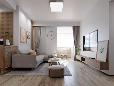 Modern Living and Dining Room With Light Gray Sofa Wooden TV Cabinet And Decorative Paintings 3d model