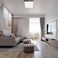 Modern Living and Dining Room With Light Gray Sofa Wooden TV Cabinet And Decorative Paintings