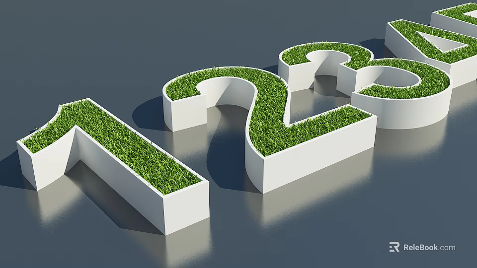 White 3D Numbers Shaped Structures Filled With Fresh Green Grass 3d model