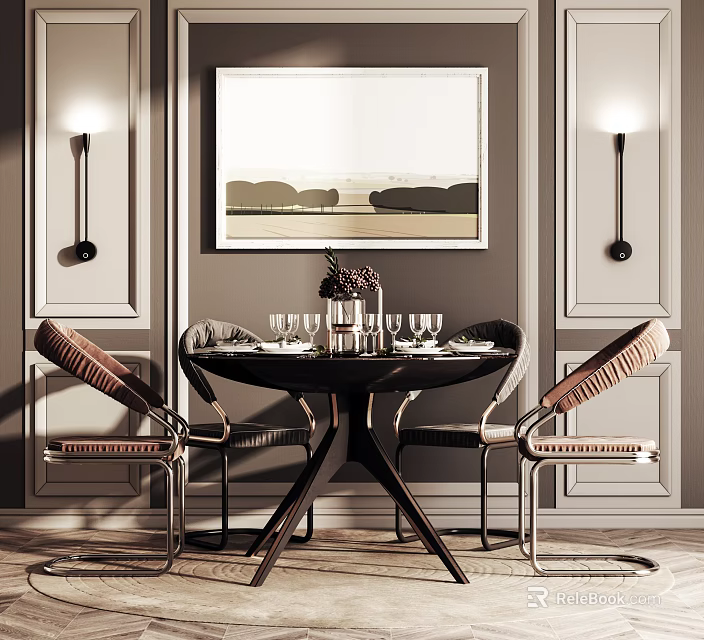 Elegant Modern Dining Table Set With Chairs Wall Art Sconces And Wine Glasses 3d model 