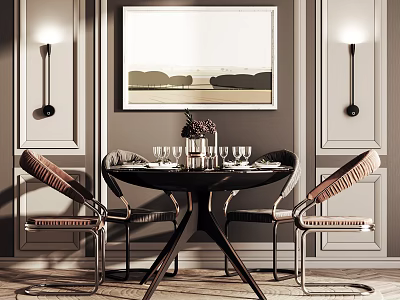 Elegant Modern Dining Table Set With Chairs Wall Art Sconces And Wine Glasses 3d model