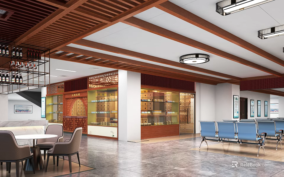 Hospital Outpatient Clinic Interior With Wooden Ceiling Display Cabinets And Waiting Chairs 3d model 