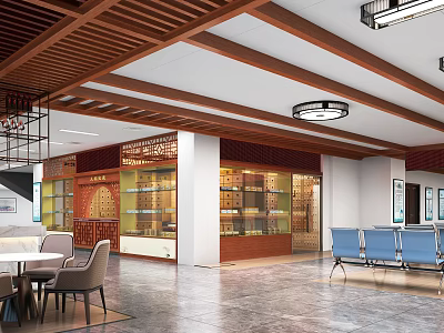 Hospital Outpatient Clinic Interior With Wooden Ceiling Display Cabinets And Waiting Chairs 3d model