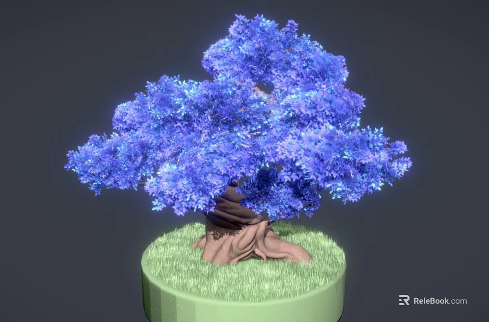 Lush Blue Tree with Unique Wrapped Roots and Green Grass Round Base 3d model 