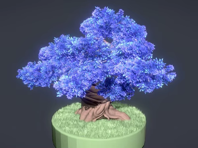 Lush Blue Tree with Unique Wrapped Roots and Green Grass Round Base 3d model