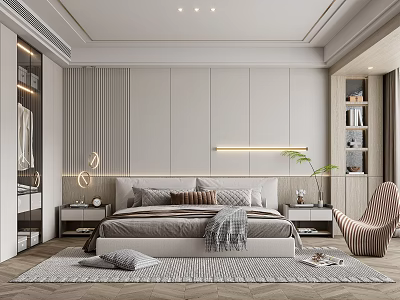 Modern Bedroom With Bedhead Wall LED Strip Lights Nightstands Area Rug Accent Chair And Bookshelf 3d model