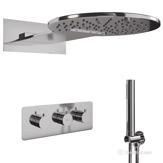 Modern Chrome Shower System With Rainfall Head Handheld Wand And Control Knobs 3d model 