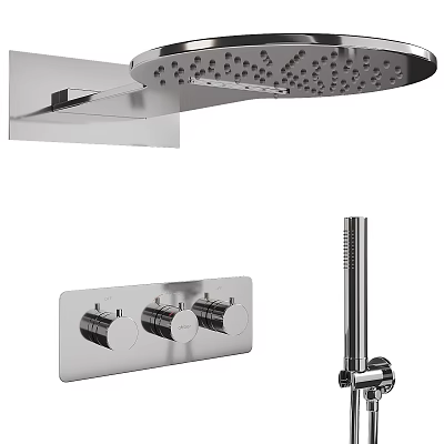 Modern Chrome Shower System With Rainfall Head Handheld Wand And Control Knobs 3d model