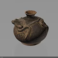 Ancient Handcrafted Clay Pot With Serpentine Carvings And Textured Brown Surface