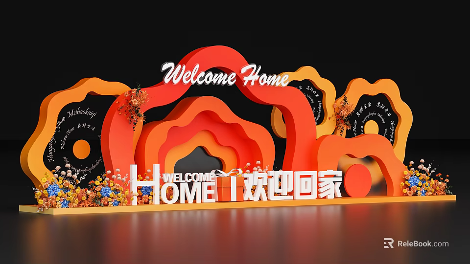 Welcome Home Themed Photo Spot With Red Orange Curved Decor And Floral Arrangements 3d model 