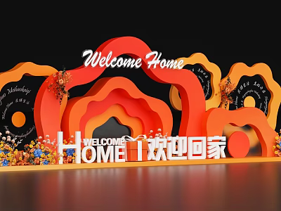 Welcome Home Themed Photo Spot With Red Orange Curved Decor And Floral Arrangements 3d model
