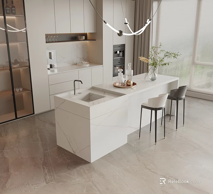 Modern Kitchen Bar Counter With Marble Top Sink Stools And Hanging Lights 3d model 