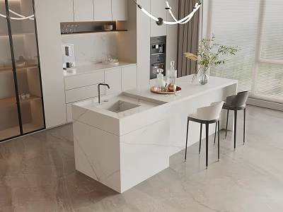 Modern Kitchen Bar Counter With Marble Top Sink Stools And Hanging Lights 3d model