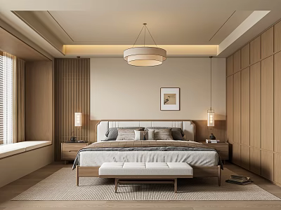 Modern Minimalist Bedroom Interior With Wooden Wardrobes Simple Pendant Light Decorative Painting And Bed Bench 3d model