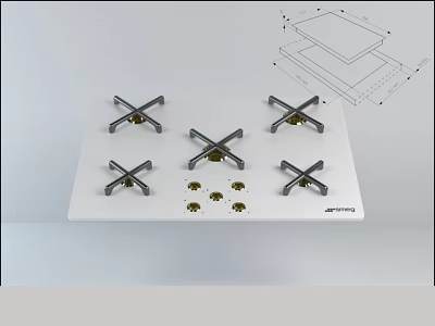 Kitchen Gas Hob With Six Burners White Surface And Installation Parts 3d model