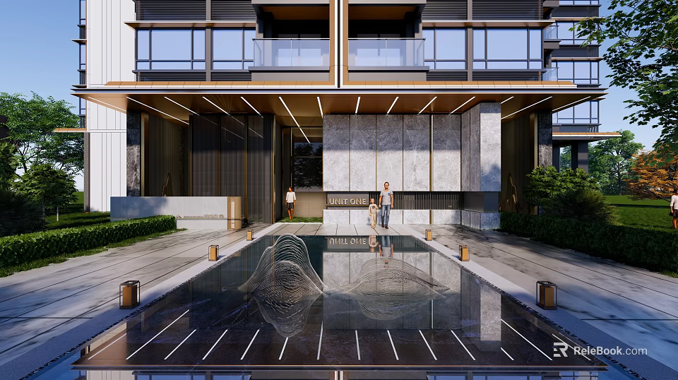 Modern Residential Building Entrance With Reflection Pool Stone Wall And Landscaping Lighting 3d model 