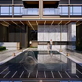Modern Residential Building Entrance With Reflection Pool Stone Wall And Landscaping Lighting