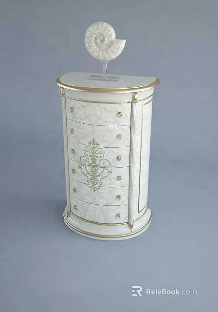 Elegant White Chest of Drawers with Gold Accents and Ornate Design 3d model 