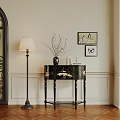 Elegant Decorative Cabinet With Floor Lamp Framed Paintings And Branch Vase On Beige Wall